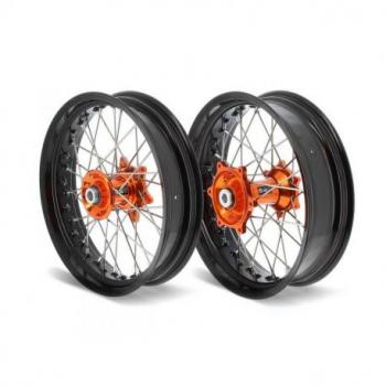 Kit roues complètes avant + arrière ART SM 17x3,50/17x4,50 jante noir/moyeu orange KTM